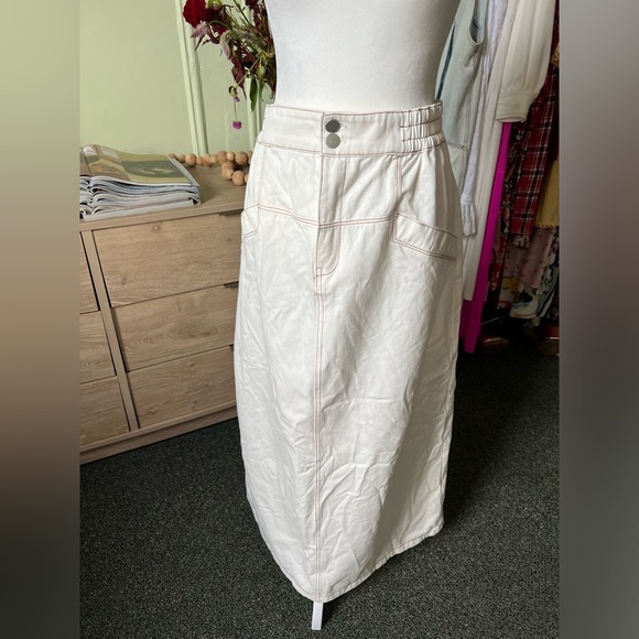 White & Tan Stitching Cotton Modest Baggy Oversized Cargo Casual Jean Skirt XL - Picture 3 of 16